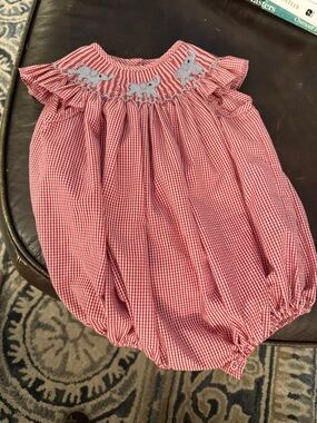 Alabama Crimson Gingham Smocked Baby One-Piece with Elephant Detail